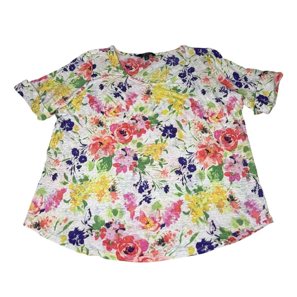 Lauren Ralph Lauren Womens Linen Top Floral Short Sleeve 2X Preppy Summer Resort